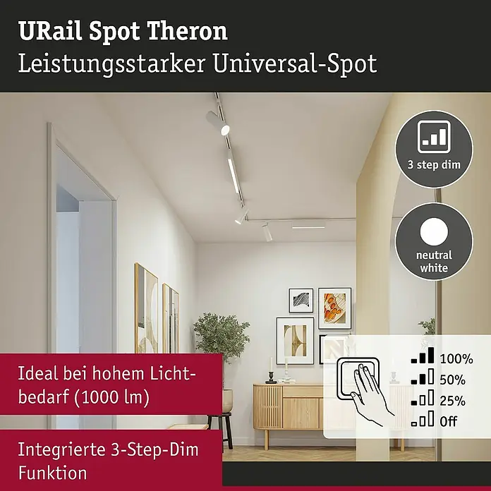 Paulmann URail LED-Spot Theron - 13 W, Signalweiß, Neutralweiß, 6,2 x 20 cm, 4.000 K - URail Spot Theron: Leistungsstarker Universal-Spot mit 3-Step-Dim Funktion und neutralweißem Licht, ideal für hohen Lichtbedarf.