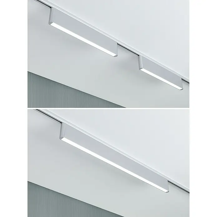 Paulmann URail LED-Lichtleiste Ceris - L x B x H: 2,3 x 37,2 x 7,4 cm, Lichtfarbe: Neutralweiß, Chrom matt, 4.000 K - Ein detailliertes Bild von modernen, linearen LED-Schienenstrahlern an einer Decke, die ein helles, gerichtetes Licht abgeben.
