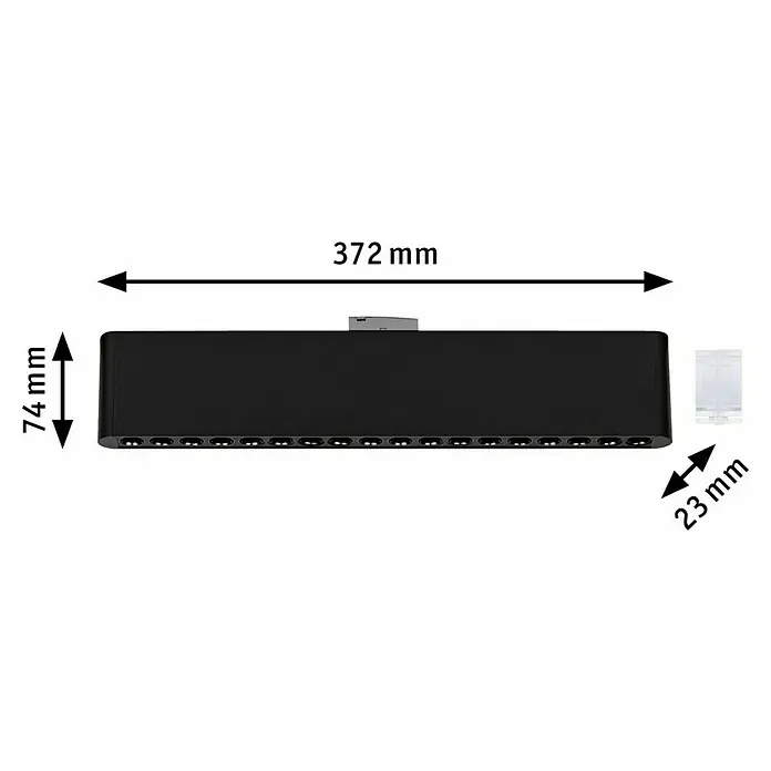 Paulmann URail Lámpara fluorescente LED Zelos - L x An x Al: 2,3 x 37,2 x 7,4 cm, Color de luz: Blanco cálido, Negro - Una imagen de producto de barra de luz negra con medidas, destacando la longitud, la altura y el ancho.\n