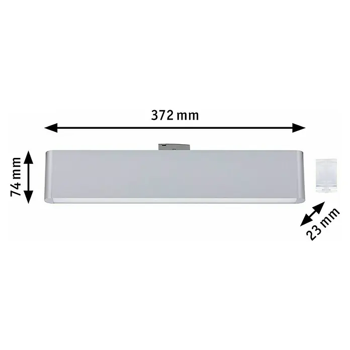 Paulmann URail LED-Lichtleiste Ceris - L x B x H: 2,3 x 37,2 x 7,4 cm, Lichtfarbe: Neutralweiß, Chrom matt, 4.000 K - Abbildung einer modernen LED-Badezimmerleuchte in Silber mit Maßangaben (372 x 74 x 23 mm) für präzise Planung.