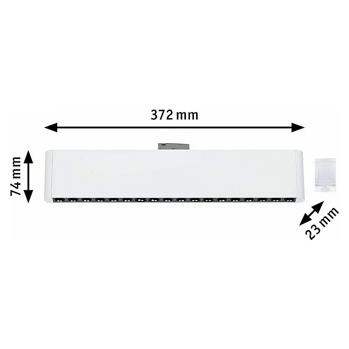 Paulmann URail LED-Lichtleiste Zelos - L x B x H: 2,3 x 37,2 x 7,4 cm, Lichtfarbe: Warmweiß, Signalweiß - Ein detailliertes Bild einer weißen Lampe mit Maßangaben, die die Größe des Produkts hervorheben: 372 mm lang, 74 mm hoch und 23 mm tief.