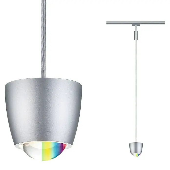 Paulmann URail LED-Pendelleuchte Tyros - 5,5 W, Ø x H: 10 x 10,3 cm, RGBW, Chrom matt - Moderne LED-Pendelleuchte in Silber mit mehrfarbigem Lichteffekt, ideal für stilvolle Raumgestaltung.\n