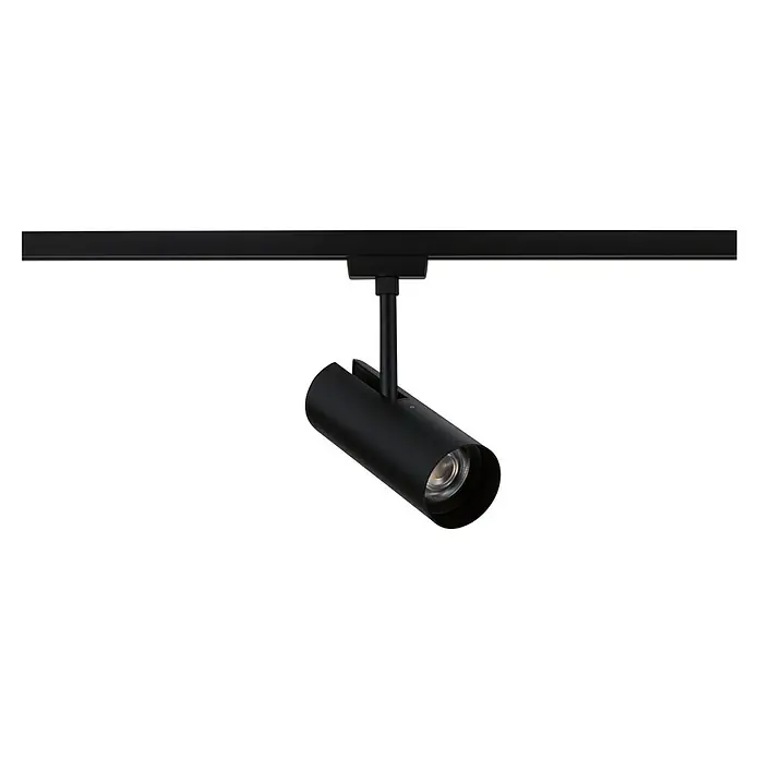 Paulmann URail LED-Spot Theron - 13 W, Schwarz, Neutralweiß, 6,2 x 20 cm, 4.000 K - Nahaufnahme einer schwarzen Stromschienenspotleuchte mit zylindrischem Kopf, die an einer schwarzen Schiene befestigt ist.