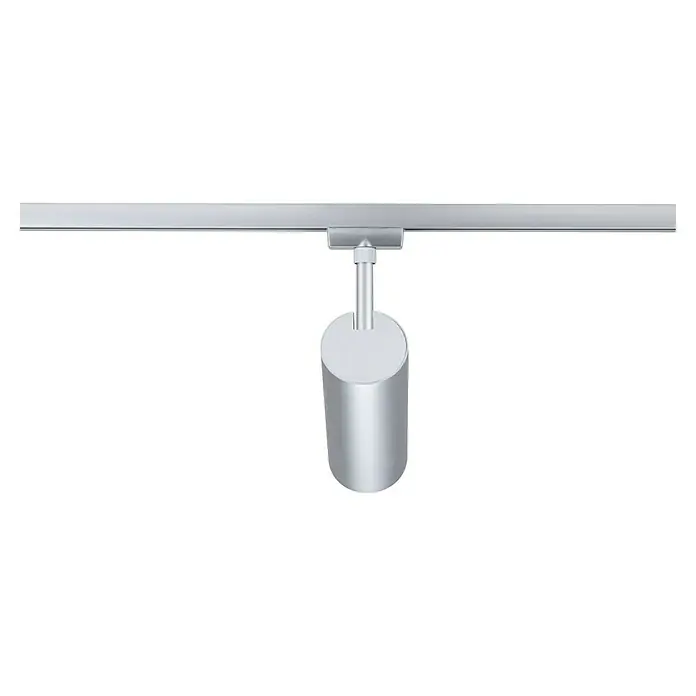 Paulmann URail LED-Spot Theron - 13 W, Chrom matt, Neutralweiß, 6,2 x 20 cm, 4.000 K - Ein silberner Strahler hängt an einer Schiene. Die Lampe ist zylindrisch mit einem runden Kopf und ist an der Schiene montiert.