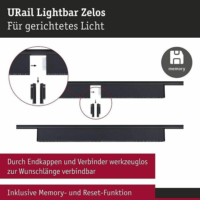 Paulmann URail LED-Lichtleiste Zelos (L x B x H: 2,3 x 37,2 x 7,4 cm, Lichtfarbe: Warmweiß, Schwarz matt) | BAUHAUS