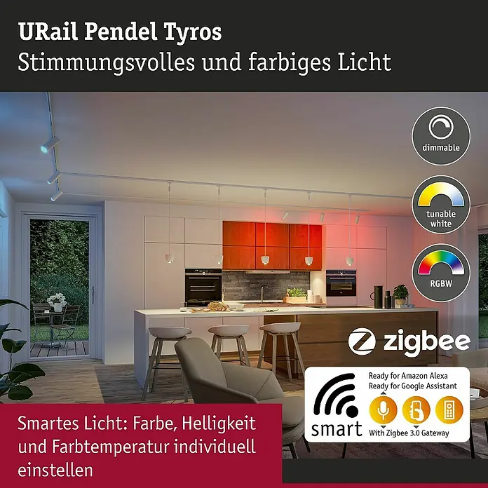 Paulmann URail LED-Pendelleuchte Tyros - 5,5 W, Ø x H: 10 x 10,3 cm, RGBW, Signalweiß - URail Pendel Tyros: Stimmungsvolles und farbiges Licht für eine individuelle Atmosphäre. Das smarte Licht kann in Farbe, Helligkeit und Temperatur angepasst werden.