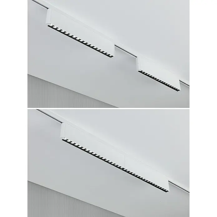 Paulmann URail LED-Lichtleiste Zelos - L x B x H: 2,3 x 37,2 x 7,4 cm, Lichtfarbe: Neutralweiß, Signalweiß - Weiße LED-Schienenstrahler sind an einer weißen Decke montiert und beleuchten den Raum mit modernem Lichtdesign.