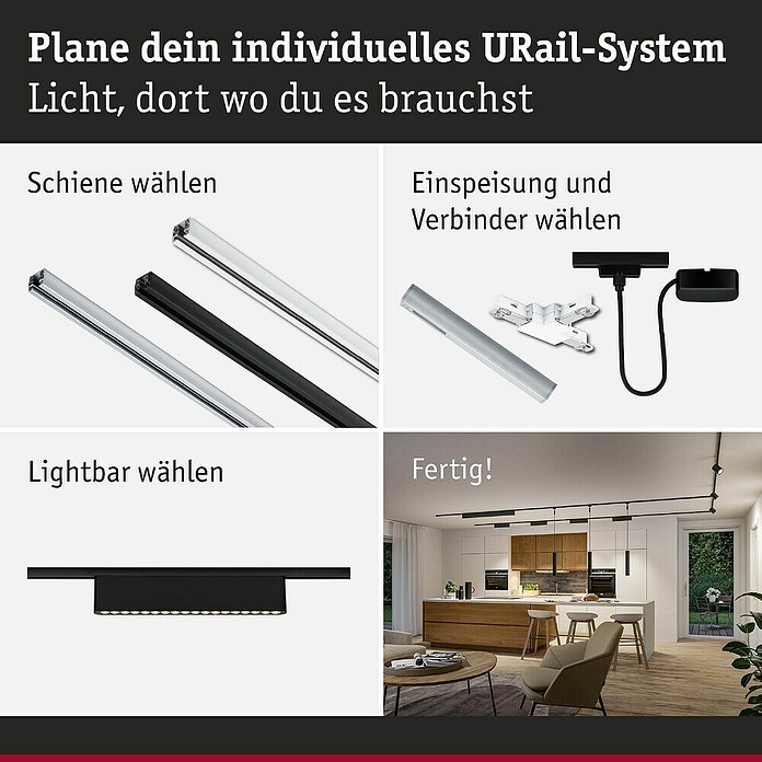 Paulmann URail LED-Lichtleiste Zelos (L x B x H: 2,3 x 37,2 x 7,4 cm, Lichtfarbe: Warmweiß, Schwarz matt) | BAUHAUS
