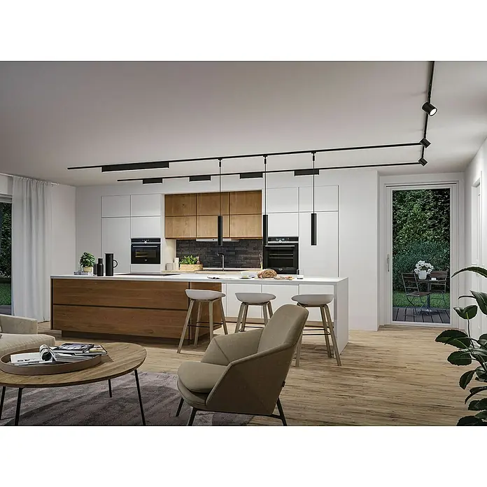 Paulmann URail Lámpara fluorescente LED Ceris - L x An x Al: 2,3 x 37,2 x 7,4 cm, Color de luz: Blanco neutro, Negro mate, 4.000 K - Una cocina moderna con un elegante sistema de iluminación de riel negro que realza el ambiente del espacio.