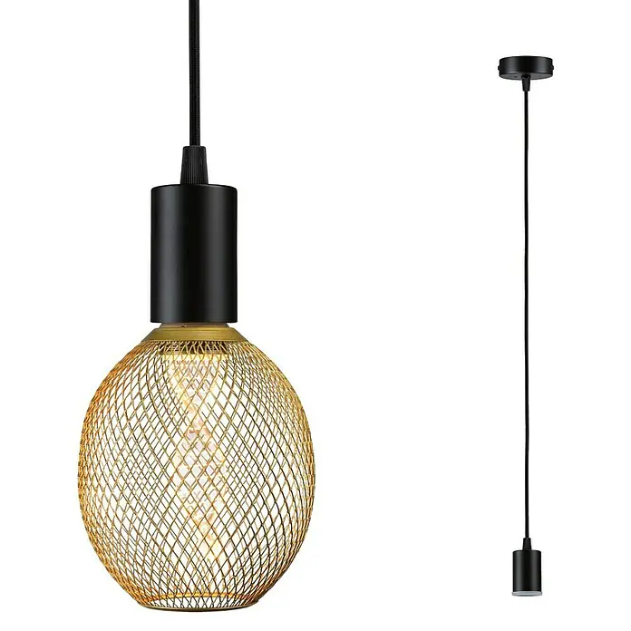 Paulmann Pendelleuchte Ravi - 60 W, Ø x L: 8 x 150 cm, Schwarz, E27 - Eine moderne Pendelleuchte mit einem goldenen Drahtgeflecht-Schirm und einer schwarzen Aufhängung.