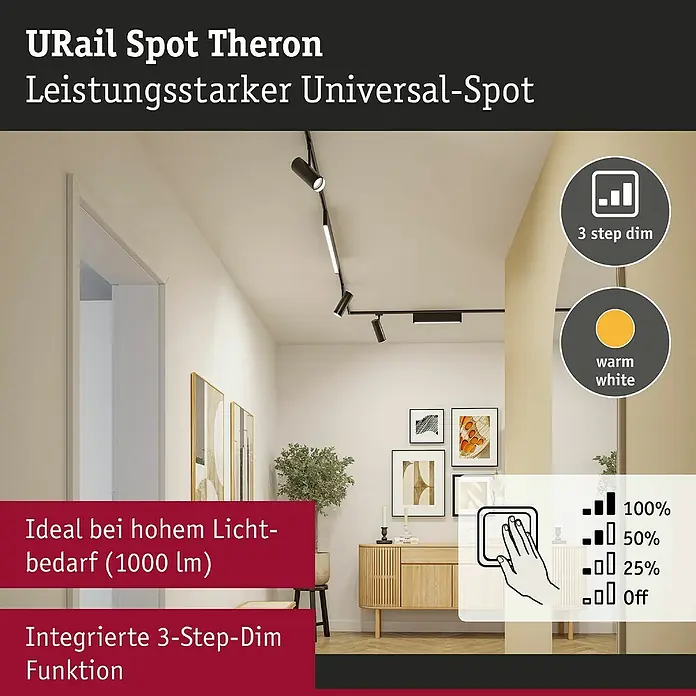 Paulmann URail LED-Spot Theron - 13 W, Schwarz, Warmweiß, 6,2 x 20 cm, 3.000 K - URail Spot Theron: Leistungsstarker Universal-Spot für hohe Lichtbedürfnisse, dimmbar in 3 Stufen und mit warmweißem Licht.