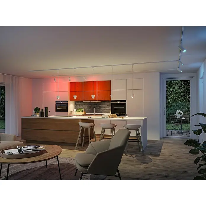 Paulmann URail LED-Pendelleuchte Tyros - 5,5 W, Ø x H: 10 x 10,3 cm, RGBW, Signalweiß - Zeitgenössische Küche mit intelligenter Beleuchtung. Das LED-Deckensystem erhellt den Raum und betont die moderne Einrichtung und Akzente.