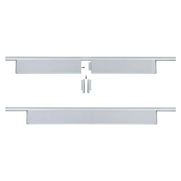Paulmann URail LED-Lichtleiste Ceris - L x B x H: 2,3 x 37,2 x 7,4 cm, Lichtfarbe: Neutralweiß, Chrom matt, 4.000 K - Nahaufnahme einer weißen, linearen Deckenleuchte mit schlichtem Design, ideal für moderne Büros oder Wohnräume.