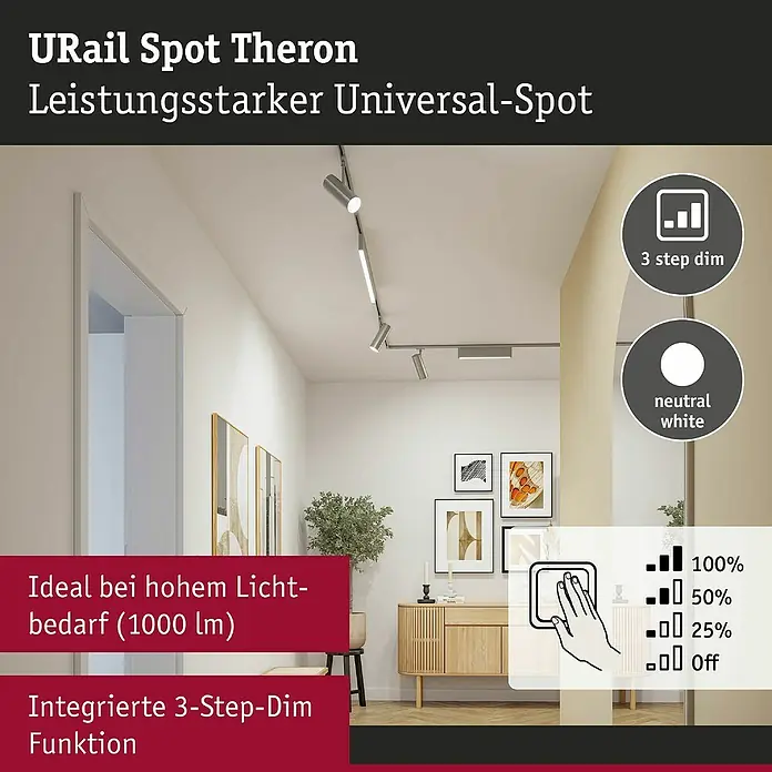 Paulmann URail LED-Spot Theron - 13 W, Chrom matt, Neutralweiß, 6,2 x 20 cm, 4.000 K - URail Spot Theron: Leistungsstarker Universal-Spot mit 3-Step-Dim Funktion und neutralweißem Licht für hohen Lichtbedarf.