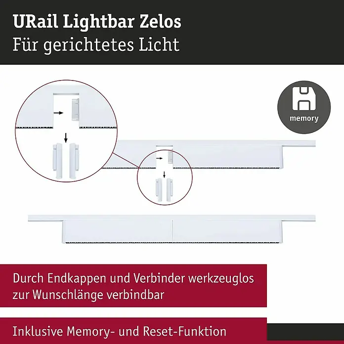 Paulmann URail LED-Lichtleiste Zelos - L x B x H: 2,3 x 37,2 x 7,4 cm, Lichtfarbe: Warmweiß, Signalweiß - Produktbild einer URail Lightbar Zelos mit dem Fokus auf die Verbindungsstücke, die eine werkzeuglose Montage ermöglichen.