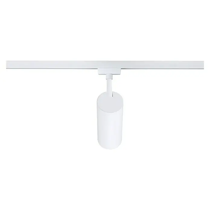 Paulmann URail LED-Spot Theron - 13 W, Signalweiß, Warmweiß, 6,2 x 20 cm, 3.000 K - Nahaufnahme einer weißen Schienenleuchte, die an einer weißen Schiene befestigt ist. Das Beleuchtungssystem ist modern und minimalistisch.
