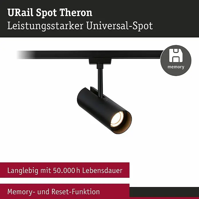 Paulmann URail LED-Spot Theron - 13 W, Schwarz, Warmweiß, 6,2 x 20 cm, 3.000 K - Produktbild: URail Spot Theron, ein leistungsstarker Universal-Spot mit Memory- und Reset-Funktion und einer Lebensdauer von 50.000 Stunden.
