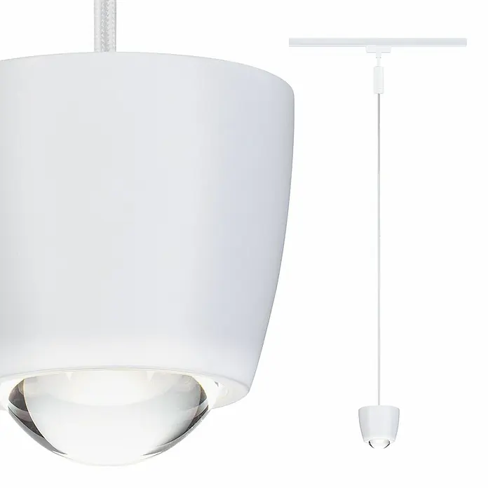 Paulmann URail LED-Pendelleuchte Tyros - 5,5 W, Ø x H: 10 x 10,3 cm, RGBW, Signalweiß - Nahaufnahme einer weißen Pendelleuchte mit einer klaren Glaskuppel und einem modernen Design.