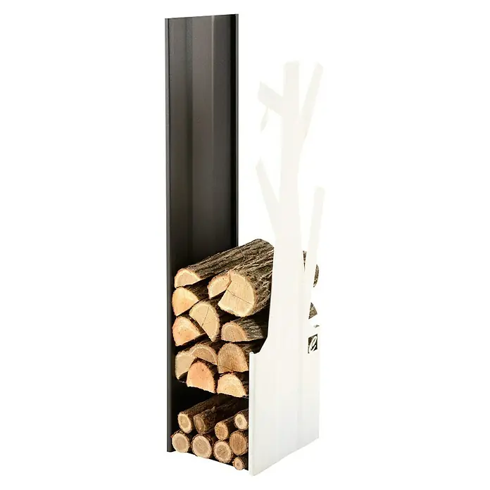 Holzkorb Albero B - 30 x 33 x 110 cm, Stahl, Schwarz/Weiß - Holzregal mit Holzscheiten, das Design kombiniert Funktionalität mit dekorativen Elementen. Praktisch und stilvoll zugleich.