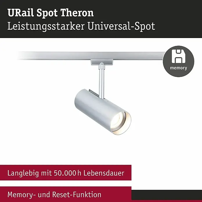 Paulmann URail LED-Spot Theron - 13 W, Chrom matt, Warmweiß, 6,2 x 20 cm, 3.000 K - Abbildung eines URail Spot Theron Universal-Spots mit langlebiger LED-Technologie und Memory- sowie Reset-Funktion für flexible Beleuchtungslösungen.