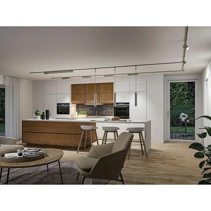 Paulmann URail Lámpara fluorescente LED Zelos - L x An x Al: 2,3 x 37,2 x 7,4 cm, Color de luz: Blanco neutro, Plata - Cocina moderna con lámparas colgantes lineales y focos LED, que proporcionan una iluminación brillante y elegante sobre la isla y en todo el espacio.