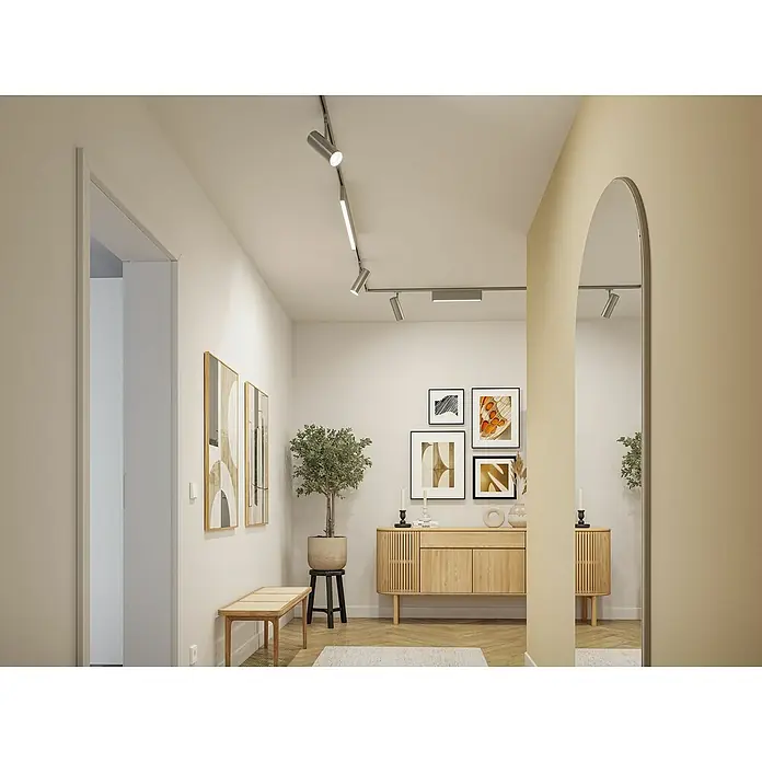 Paulmann URail Foco LED para riel Spot Theron - 13 W, Cromo, Blanco cálido, 6,2 x 20 cm, 3.000 K - Pasillo luminoso con un sistema de iluminación de riel moderno. La iluminación destaca las obras de arte y los muebles.