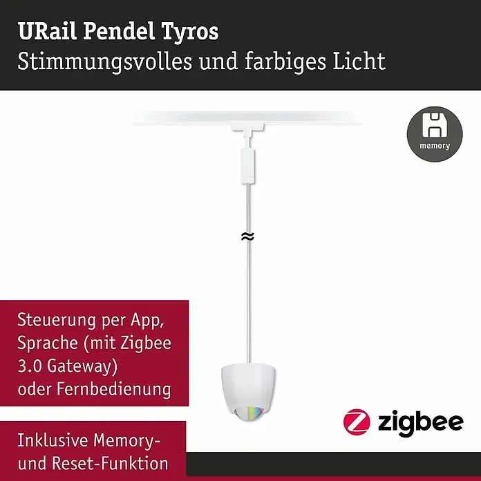 Paulmann URail LED-Pendelleuchte Tyros - 5,5 W, Ø x H: 10 x 10,3 cm, RGBW, Signalweiß - Produktbild der URail Pendel Tyros, einer stimmungsvollen Leuchte mit Farbwechsel, steuerbar per App und inklusive Memory-Funktion.