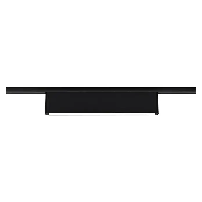 Paulmann URail LED-Lichtleiste Ceris - L x B x H: 2,3 x 37,2 x 7,4 cm, Lichtfarbe: Neutralweiß, Schwarz matt, 4.000 K - Nahaufnahme einer schwarzen Verdunkelungsrollo mit einer hellen Leiste an der Unterseite, die an einer Schiene befestigt ist.