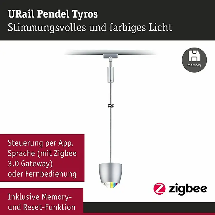 Paulmann URail LED-Pendelleuchte Tyros - 5,5 W, Ø x H: 10 x 10,3 cm, RGBW, Chrom matt - Abbildung einer URail Pendel Tyros Lampe mit stimmungsvollem, farbigem Licht, steuerbar per App und mit Memory-Funktion.