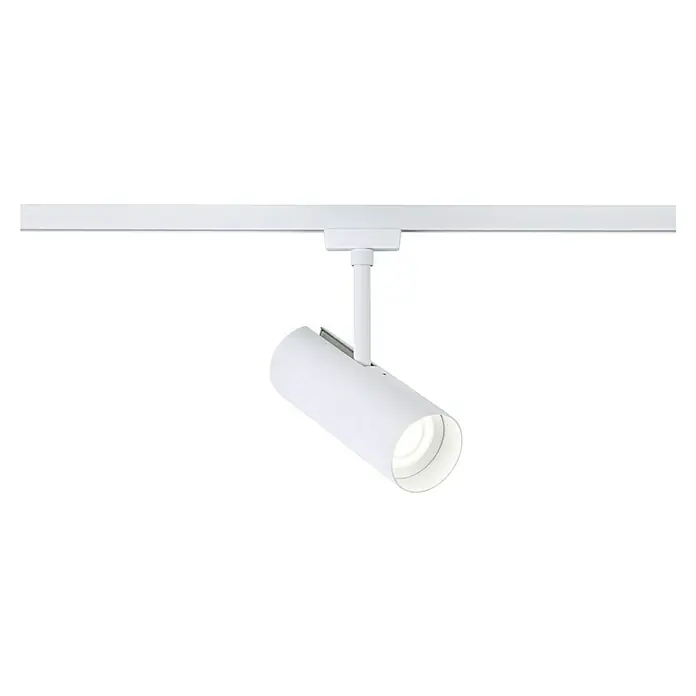 Paulmann URail LED-Spot Theron - 13 W, Signalweiß, Neutralweiß, 6,2 x 20 cm, 4.000 K - Die Aufnahme zeigt eine schwenkbare, moderne weiße Deckenleuchte mit Spot, befestigt an einer weißen Schiene, vor schwarzem Hintergrund.