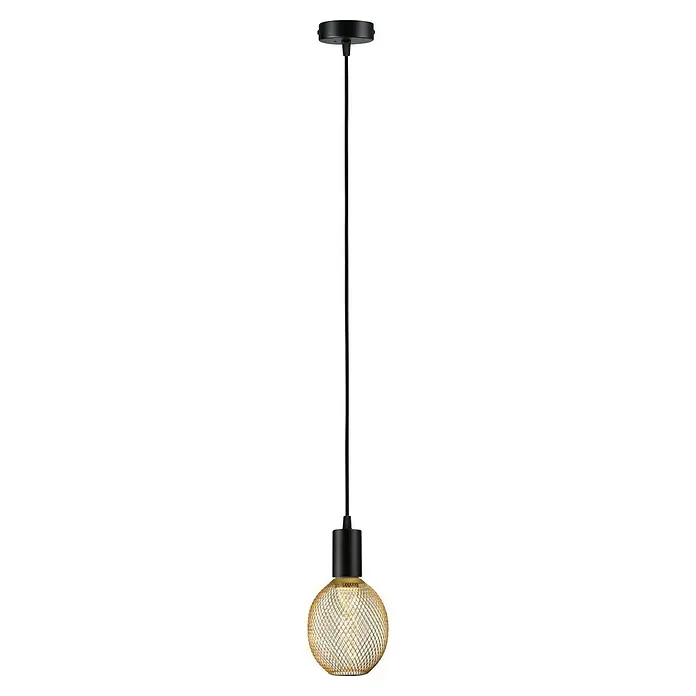 Paulmann Pendelleuchte Ravi - 60 W, Ø x L: 8 x 150 cm, Schwarz, E27 - Elegante Hängelampe mit goldfarbenem Drahtschirm und schwarzer Aufhängung, die jedem Raum einen Hauch von modernem Stil verleiht.