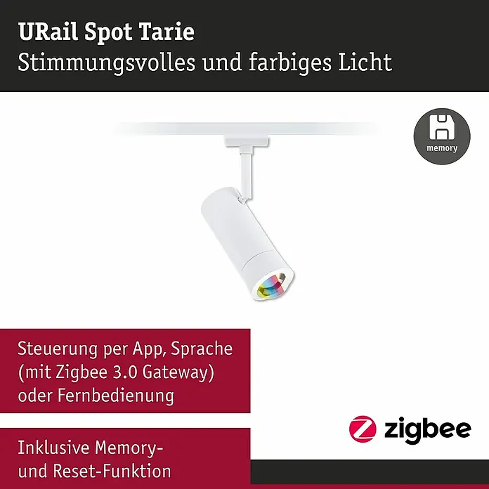Paulmann URail LED-Spot Tarie - 5,5 W, 6 x 16,05 cm, Signalweiß - URail Spot Tarie: Stimmungsvolle farbige Leuchte, steuerbar per App oder Fernbedienung, mit Memory- und Reset-Funktion.