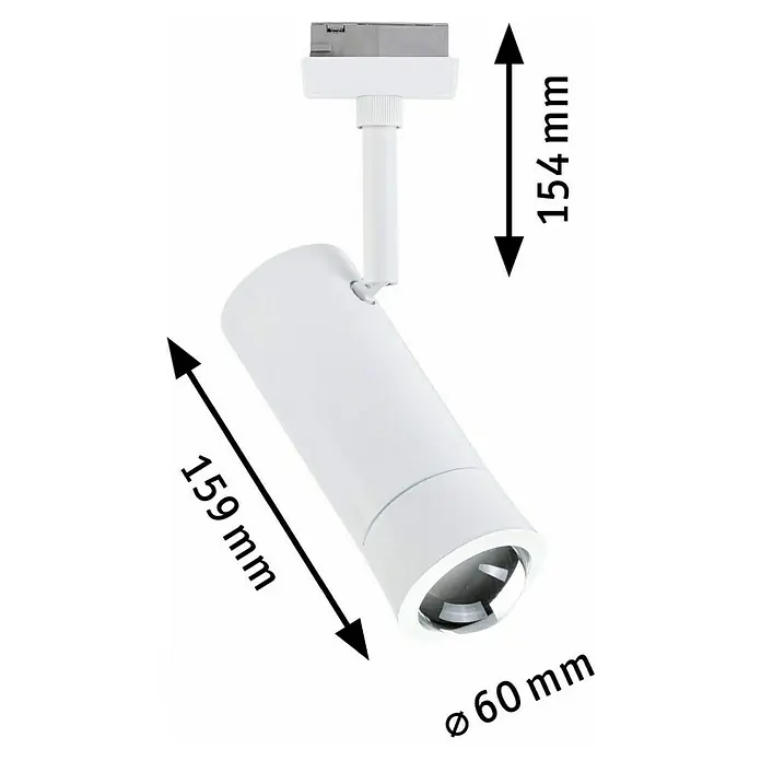 Paulmann URail LED-Spot Tarie - 5,5 W, 6 x 16,05 cm, Signalweiß - Abbildung einer weißen Schienenleuchte mit den Maßen 159 mm Länge, 60 mm Durchmesser und 154 mm Höhe der Aufhängung.