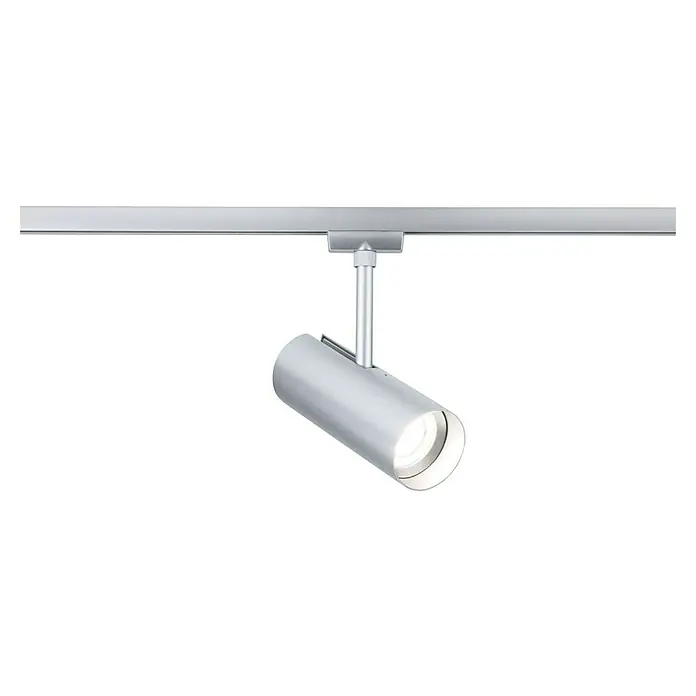 Paulmann URail LED-Spot Theron - 13 W, Chrom matt, Neutralweiß, 6,2 x 20 cm, 4.000 K - Nahaufnahme einer modernen, silberfarbenen LED-Spotleuchte an einer Schiene, die sich perfekt für die Akzentbeleuchtung in Innenräumen eignet.