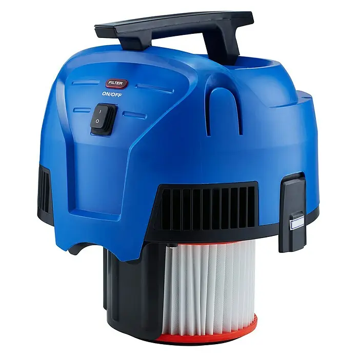 Nilfisk Elektro-Nass- & Trockensauger Multi II 22 - 1.200 W, Behältervolumen: 22 l - Abbildung eines blauen Nass- und Trockensaugers mit einem schwarzen Griff und einem weißen Filter.