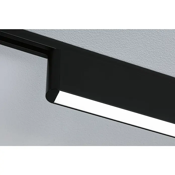 Paulmann URail LED-Lichtleiste Ceris - L x B x H: 2,3 x 37,2 x 7,4 cm, Lichtfarbe: Neutralweiß, Schwarz matt, 4.000 K - Nahaufnahme einer modernen schwarzen LED-Schienenleuchte, die an einer Decke montiert ist. Elegantes Design für Innenbeleuchtung.