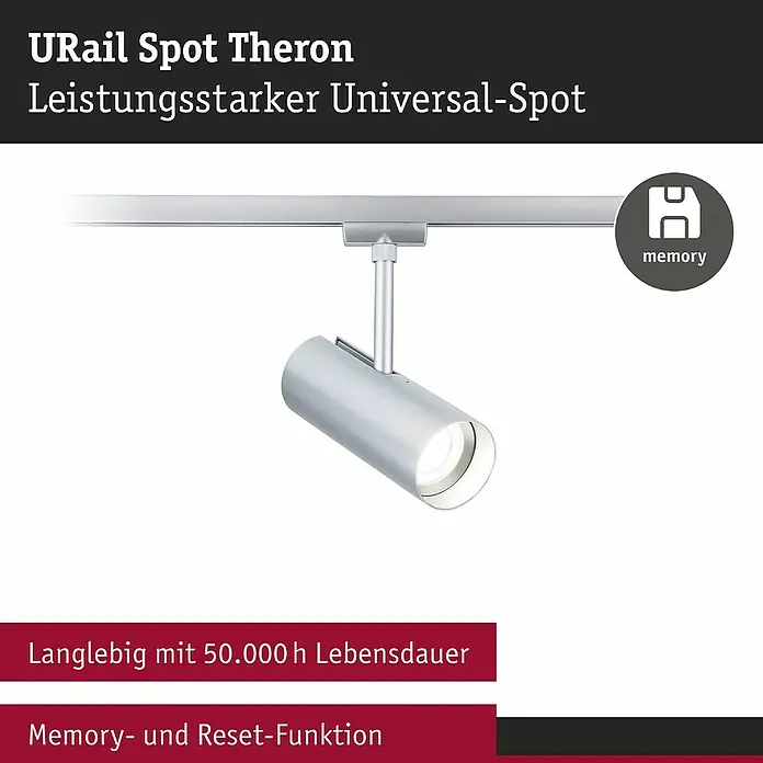 Paulmann URail LED-Spot Theron - 13 W, Chrom matt, Neutralweiß, 6,2 x 20 cm, 4.000 K - Produktbild von URail Spot Theron, einem leistungsstarken Universal-Spot mit Memory- und Reset-Funktion und einer Lebensdauer von 50.000 Stunden.