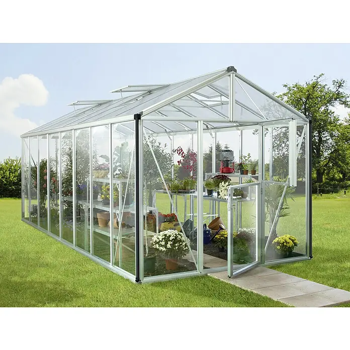Vitavia Gewächshaus Zeus 15700 - Außenmaß inkl. Dachüberstand (B x T): 256 x 614 cm, 3 mm, Aluminium - Ein geräumiges Gewächshaus mit Pflanzen und Blumen, das eine ideale Umgebung für den Anbau bietet und vor Wettereinflüssen schützt.