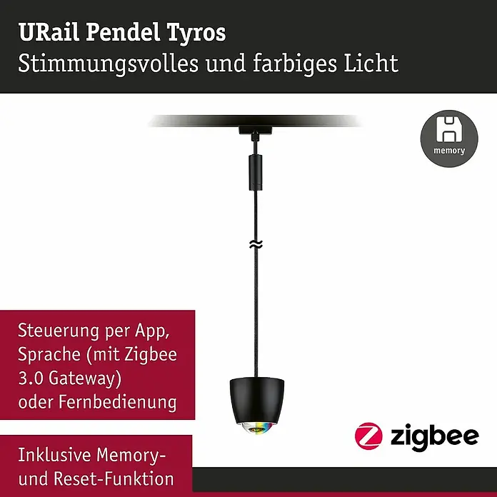 Paulmann URail LED-Pendelleuchte Tyros - 5,5 W, Ø x H: 10 x 10,3 cm, RGBW, Schwarz matt - Abbildung einer URail Pendelleuchte Tyros. Stimmungsvolles Licht mit App-, Sprach- und Fernbedienungssteuerung und Memory- und Reset-Funktion.