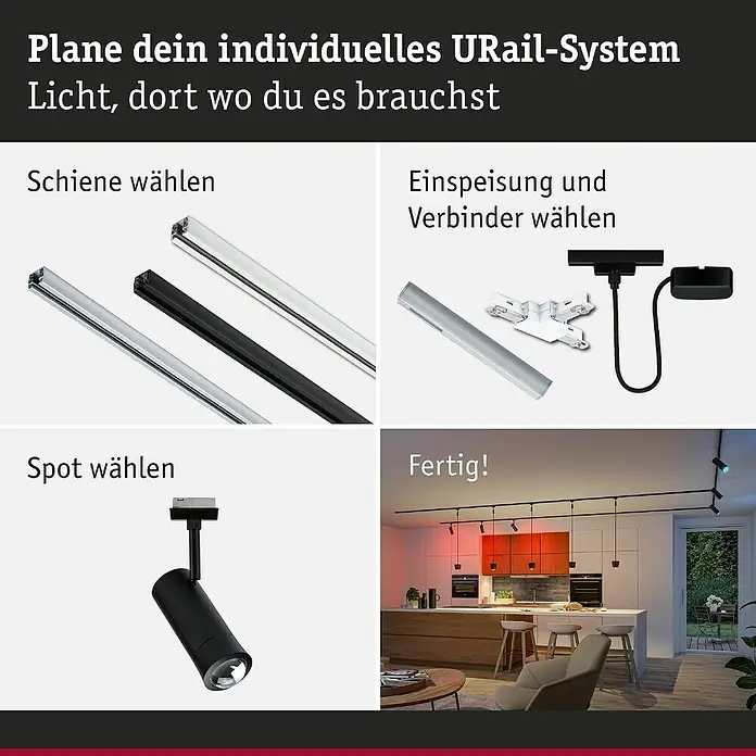 Paulmann URail LED-Spot Tarie - 5,5 W, 6 x 16,05 cm, Schwarz - URail-Systemplanung: Schiene, Einspeisung/Verbinder und Spot auswählen, um Ihr Lichtsystem zu erstellen.\n