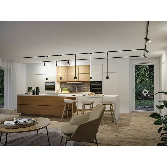 Paulmann URail LED-Pendelleuchte Tyros - 5,5 W, Ø x H: 10 x 10,3 cm, RGBW, Schwarz matt - Moderne Küche mit schwarzen Stromschienenstrahlern, die den Raum elegant beleuchten und eine funktionale Atmosphäre schaffen.