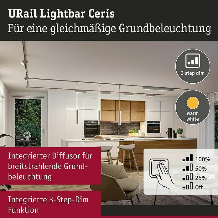 Paulmann URail LED-Lichtleiste Ceris - L x B x H: 2,3 x 37,2 x 7,4 cm, Lichtfarbe: Warmweiß, Chrom matt, 3.000 K - URail Lightbar Ceris: Gleichmäßige Grundbeleuchtung mit integriertem Diffusor und 3-Step-Dim Funktion für warmweißes Licht.