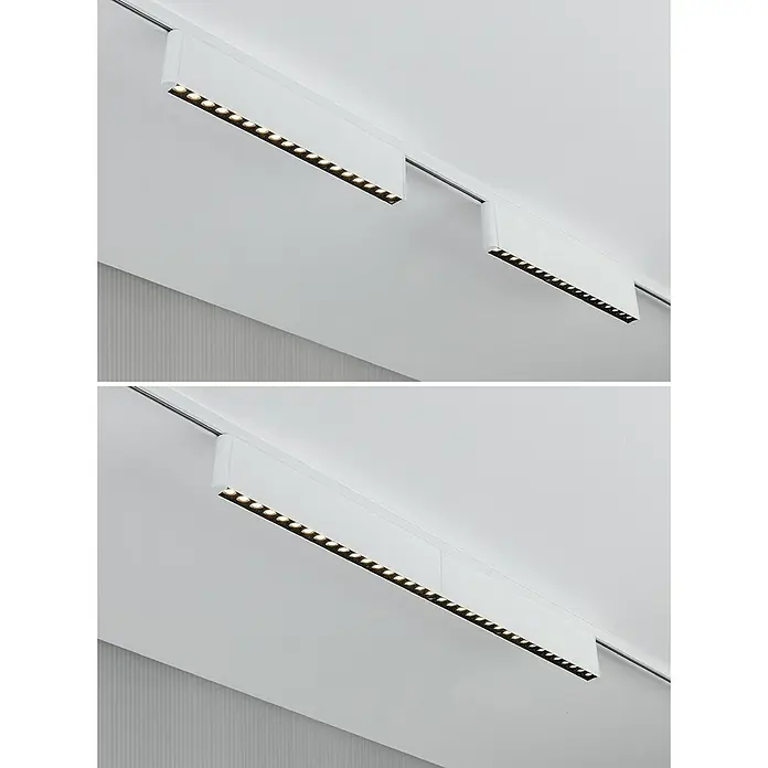 Paulmann URail LED-Lichtleiste Zelos - L x B x H: 2,3 x 37,2 x 7,4 cm, Lichtfarbe: Warmweiß, Signalweiß - Nahaufnahme von modernen weißen LED-Schienenleuchten, die an einer Decke montiert sind und eine elegante Beleuchtungslösung bieten.