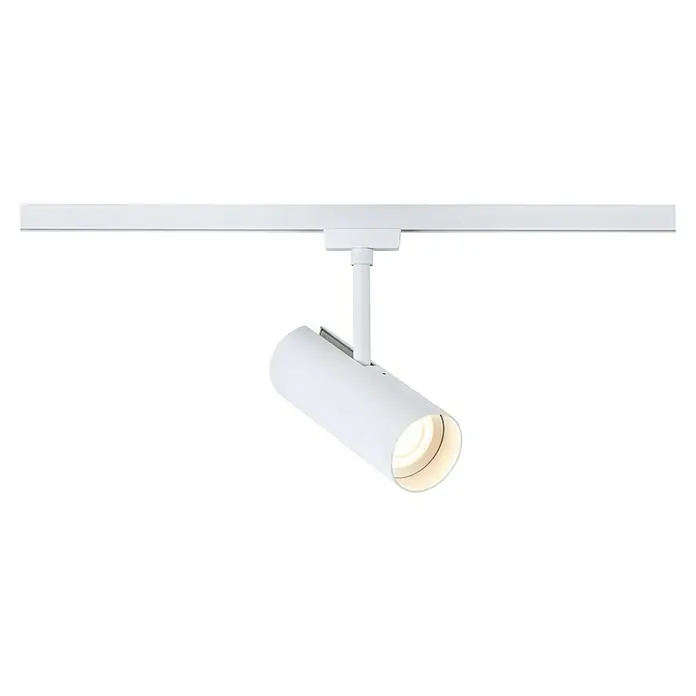 Paulmann URail LED-Spot Theron - 13 W, Signalweiß, Warmweiß, 6,2 x 20 cm, 3.000 K - Weiße Schienenleuchte. Die Leuchte ist zylinderförmig und an einer weißen Schiene befestigt, die an der Decke montiert ist, und strahlt Licht aus.