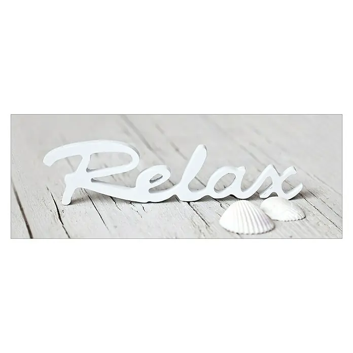 Glasbild - Relax III, B x H: 80 x 30 cm - Weiße Dekoration mit dem Wort „Relax“ und Muscheln auf hellem Holzgrund.