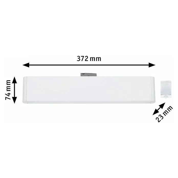 Paulmann URail LED-Lichtleiste Ceris - L x B x H: 2,3 x 37,2 x 7,4 cm, Lichtfarbe: Warmweiß, Signalweiß, 3.000 K - Produktansicht mit den Maßen 372 mm Länge, 74 mm Höhe und 23 mm Tiefe.