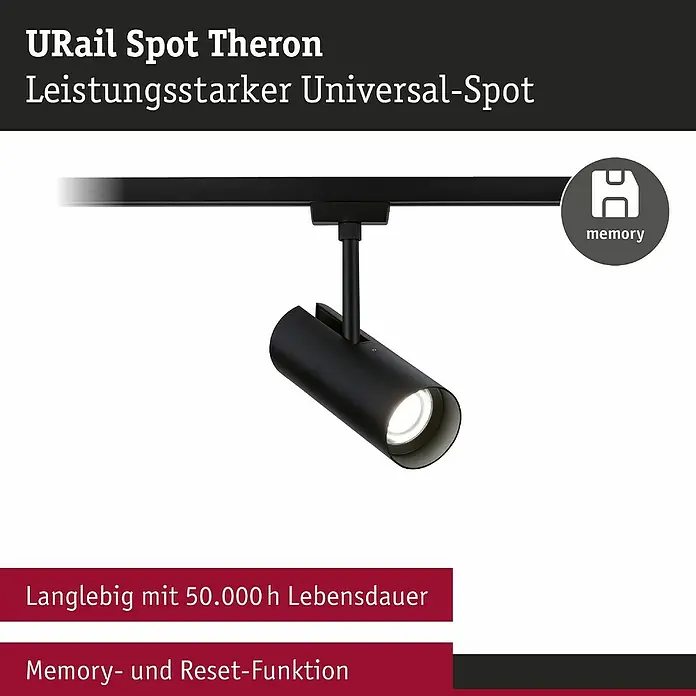 Paulmann URail LED-Spot Theron - 13 W, Schwarz, Neutralweiß, 6,2 x 20 cm, 4.000 K - Abbildung eines URail Spot Theron Universal-Spots mit langlebiger Lebensdauer und Memory- sowie Reset-Funktion.