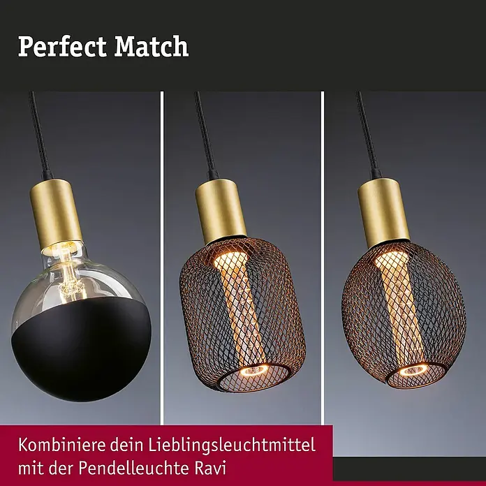 Paulmann Pendelleuchte Ravi - 60 W, Ø x L: 8 x 150 cm, Schwarz/ Gold, E27 - Drei Pendelleuchten im Fokus: Eine mit halbschwarzer Glaskugel, zwei mit dekorativem Drahtgeflecht. Kombiniere dein Lieblingsleuchtmittel mit der Pendelleuchte Ravi!