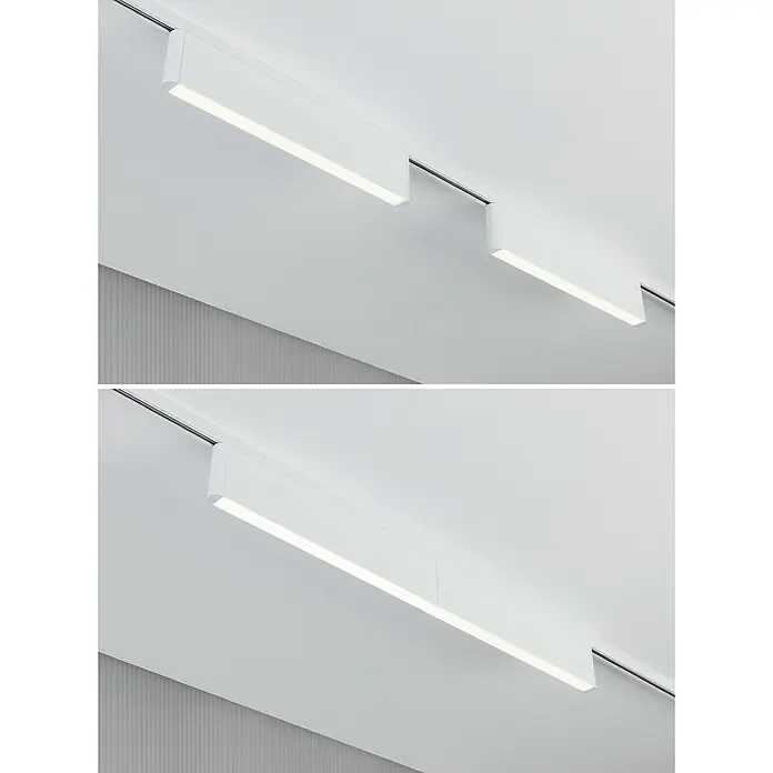 Paulmann URail LED-Lichtleiste Ceris - L x B x H: 2,3 x 37,2 x 7,4 cm, Lichtfarbe: Warmweiß, Signalweiß, 3.000 K - Moderne weiße LED-Schienenleuchten an einer weißen Decke, die ein helles und minimalistisches Beleuchtungssystem schaffen.
