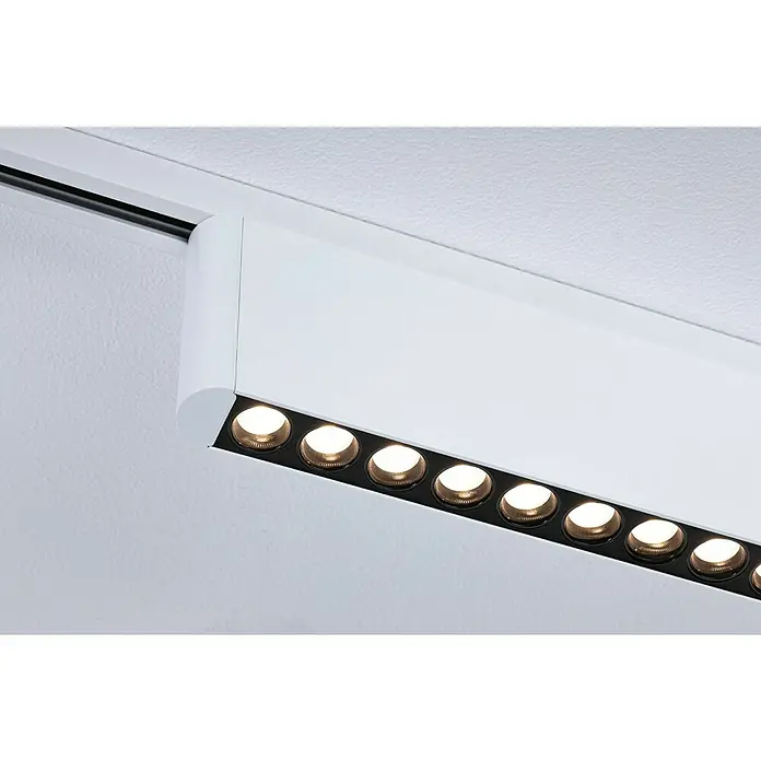 Paulmann URail LED-Lichtleiste Zelos - L x B x H: 2,3 x 37,2 x 7,4 cm, Lichtfarbe: Warmweiß, Signalweiß - Nahaufnahme einer modernen LED-Trackleuchte in Weiß mit mehreren runden Lampen, die warmes Licht abgeben. Stilvolles und energieeffizientes Design.
